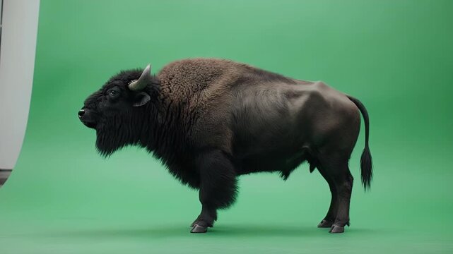 A majestic bison stands on a green screen background in a studio setting.