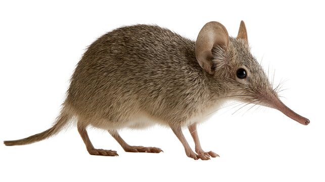 Small brown elephant shrew with long snout and large ears standing in profile