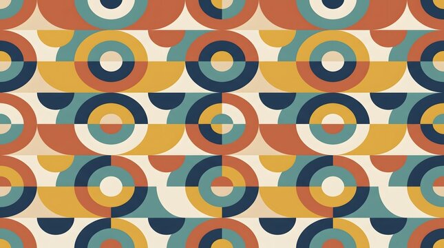 Seamless pattern of geometric semicircles and circles in retro color palette
