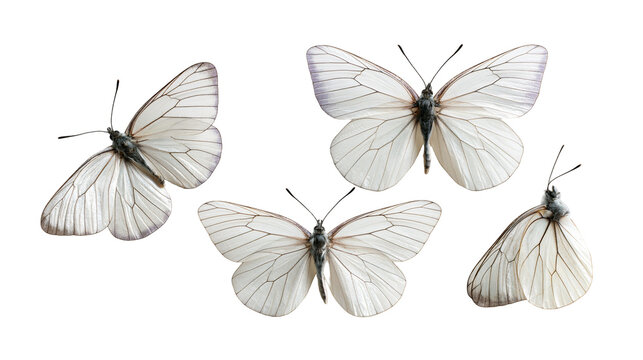 Four delicate black-veined white butterflies with translucent wings