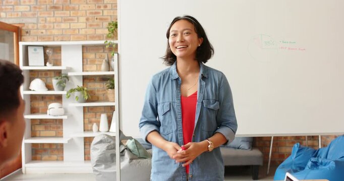 Lifestyle videos indoor of people doing activities at office, presenting data on whiteboard, woman e