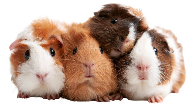 Three cute fluffy guinea pigs with brown white and ginger fur huddled together