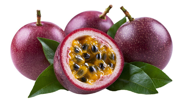 Fresh whole and halved purple passion fruit with green leaves