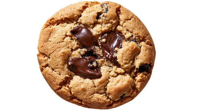 Round golden brown chocolate chip cookie with melted dark chocolate chunks