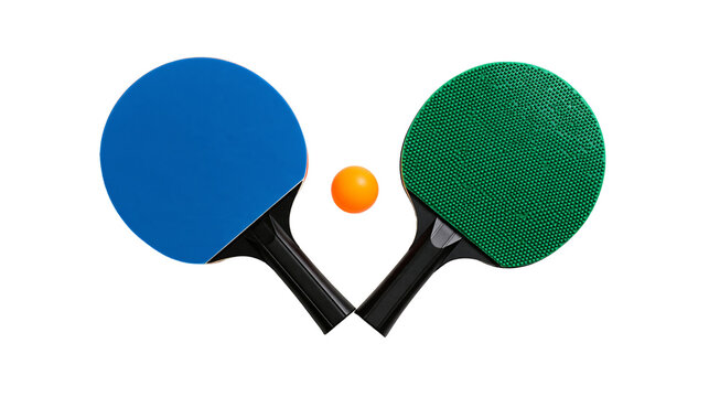 Blue and green table tennis paddles with an orange ping pong ball