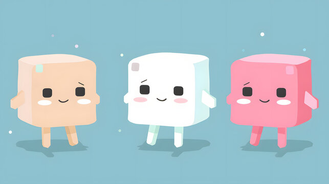 Three cute pastel cube characters with friendly faces smiling on a soft blue background.