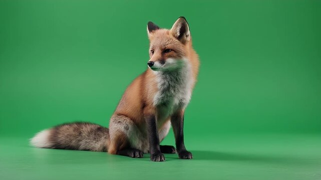 A curious red fox sits attentively on a green screen background.