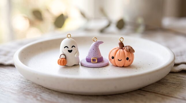 Cute handmade polymer clay Halloween charms featuring smiling ghost