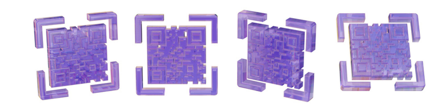 3D Purple Glass QR Scanner Icon Set for Barcode Reader. Crystal Holographic Code Matrix Frame Lens for Mobile App UI Design, Transparent Render