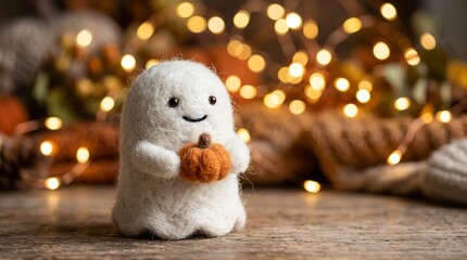 Fototapeta premium Cute needle felted wool ghost holding tiny pumpkin with warm bokeh fairy lights for Halloween autumn decoration