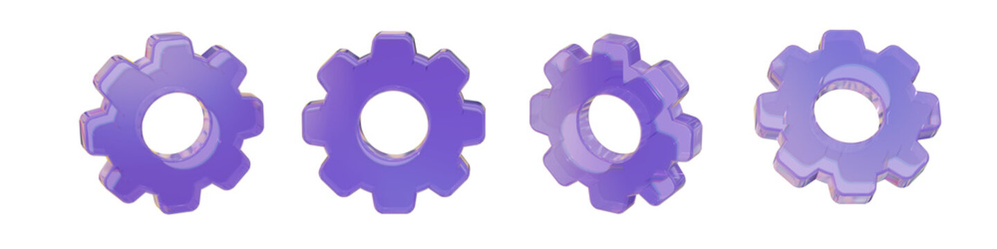 3D Purple Glass Gear Settings Icon Set for System Preferences. Crystal Holographic Cogwheel Configuration Options for App UI Design, Transparent Render