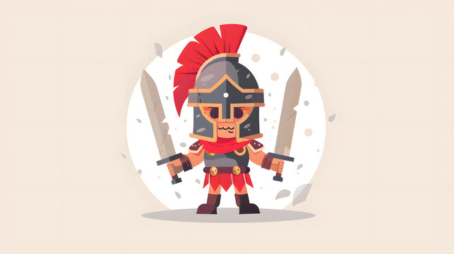 Brave little spartan warrior holding two swords wearing ancient armor and red crested helmet