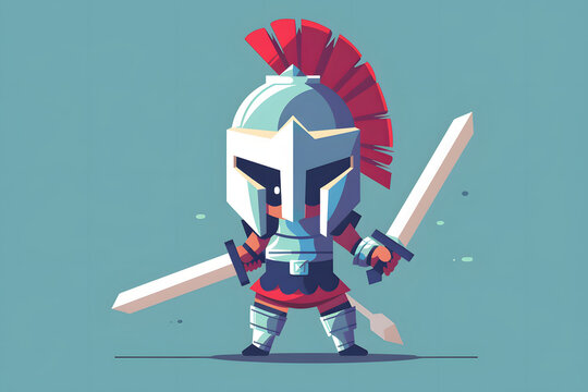 Cute chibi spartan soldier wearing silver armor and red plumed helmet wielding two swords