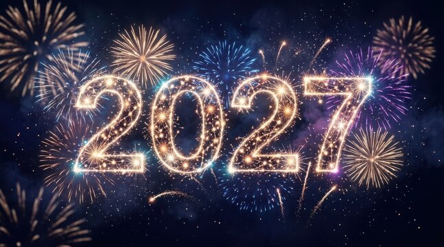 2027 glowing text with colorful firework display background