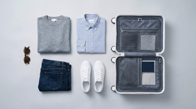 Flat lay of neatly packed travel essentials for a trip, including clothes, shoes, sunglasses, and a tablet inside an open suitcase