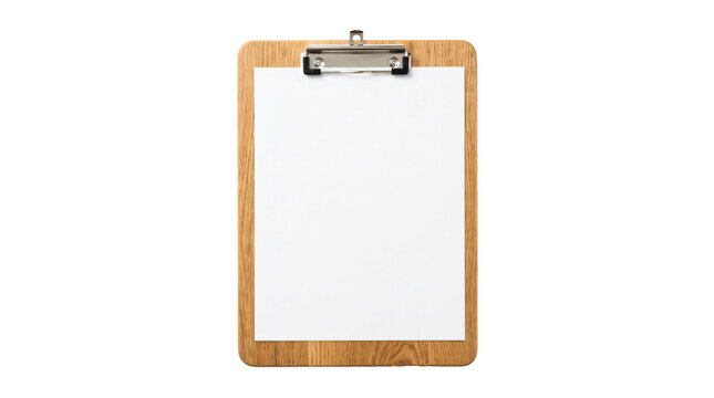 Wooden clipboard with blank white paper sheet on transparent background