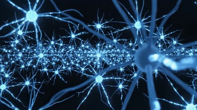 Glowing blue neural network with active synapses representing artificial intelligence brain science