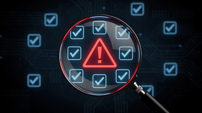 Magnifying glass highlights a red warning symbol amid multiple blue check marks on a digital circuit background, representing error detection and cybersecurity.