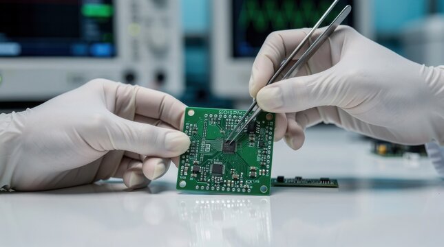 A technician wearing gloves carefully assembles or repairs a green printed circuit board using tweezers in a clean, high-tech environment.