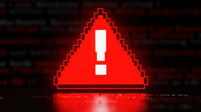 A red pixelated warning triangle with an exclamation mark glows against a dark background filled with red code lines, symbolizing a digital alert or cybersecurity threat.