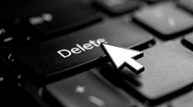 Close-up image of a keyboard"s Delete key with a large white computer cursor pointing at it in black and white.