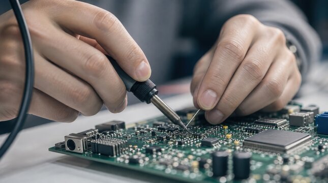 Close-up of hands soldering electronic components on a circuit board for repair or assembly.