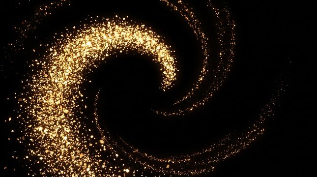 Golden particles forming a spiral swirl against a black background