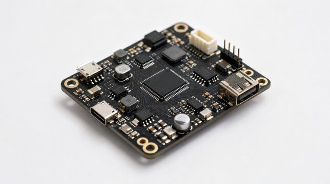 A compact black printed circuit board with multiple integrated circuits, connectors, and capacitors, designed for electronic and computing applications.