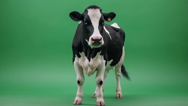 A black and white Holstein cow stands facing forward on a green screen background.