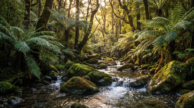 Stream Flowing Through Pristine Rainforest with Sunbeams and Mossy Rocks