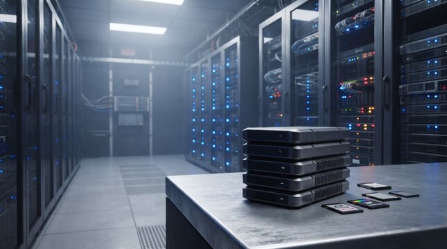 High Tech Data Storage Vault with Server Racks and External Hard Drives