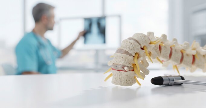 Lumbar spine model and reflex hammer on desk, medical professional reviewing X-ray, orthopedic diagnosis concept.
