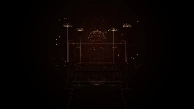 h (3).mov,
Abstract wireframe illustration of a mosque with glowing geometric patterns and light particles, creating a mystical and spiritual atmosphere in a dark, minimalist digital art style,
mosque
