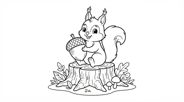 Cute cartoon squirrel sitting on a tree stump holding a large acorn line art drawing