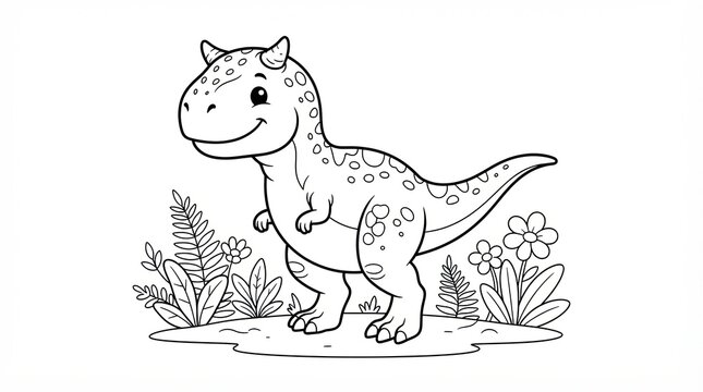 Cute little baby dinosaur standing in the garden with flowers and green plants