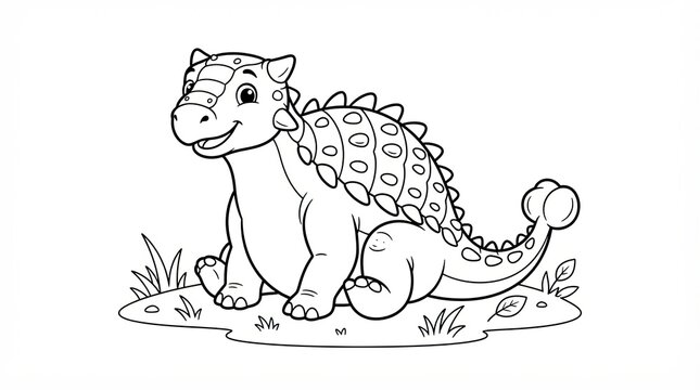 Cute little ankylosaurus dinosaur sitting on the grass for children coloring book page