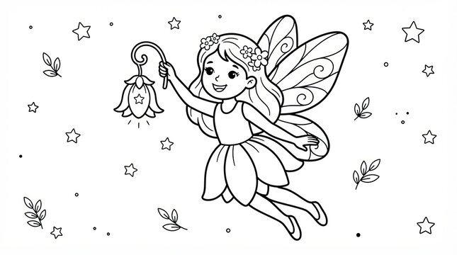 Cute little fairy flying and holding a glowing flower with stars for coloring page