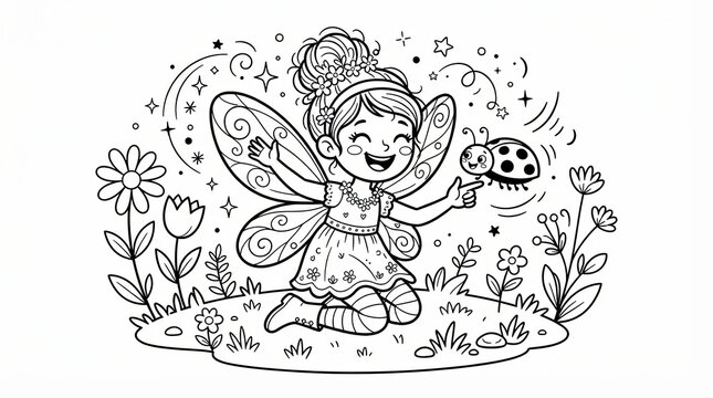 Cute little fairy girl playing with a ladybug in a magical garden coloring page