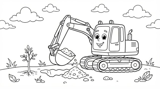Cute cartoon excavator digging in the ground for children coloring book page line art