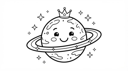Fototapeta premium Cute cartoon planet with rings and a crown for coloring book isolated on white