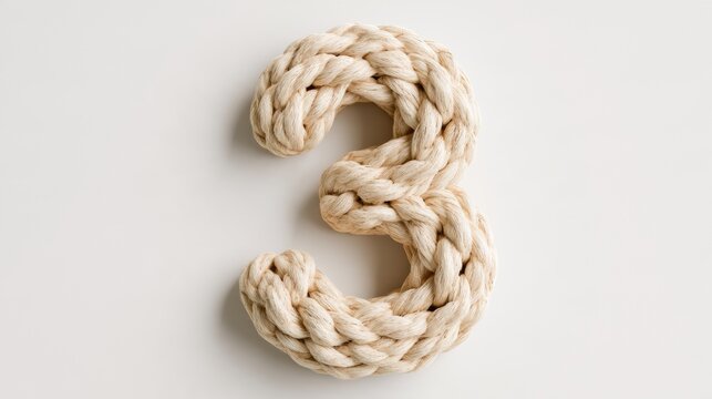 A thick rope shaped into the number 3 against a white background, highlighting the detailed weave and warm light.