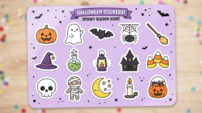 Set of cute halloween stickers featuring spooky holiday icons on a white background