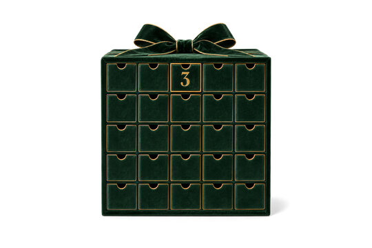 Green velvet advent calendar with gold trim and bow counting down to holiday. December 3 Christmas celebration concept
