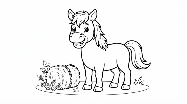 Cute little pony standing next to a hay bale in a simple black and white line drawing
