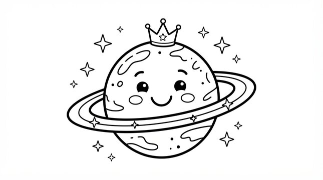 Cute cartoon planet with rings and a crown for coloring book isolated on white
