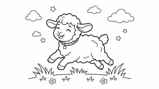 Cute little happy lamb jumping in the grass for a fun coloring page for children