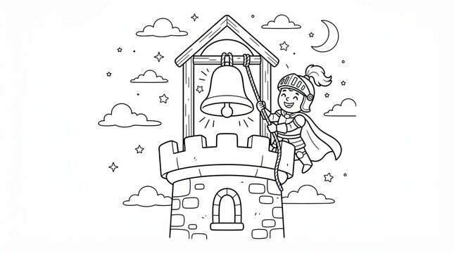 Little knight character pulling a rope to ring a bell in a tall castle tower at night