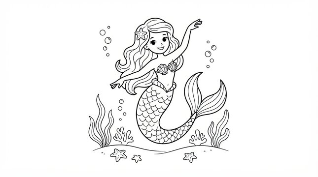 Cute mermaid girl swimming underwater with starfish and bubbles coloring page line art