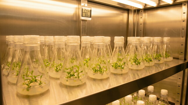 Plant tissue culture growing seedlings in flasks within controlled laboratory environment, botanical research development.