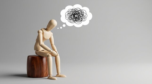 Wooden mannequin sitting on a stool with a tangled scribble in a thought bubble representing depression, anxiety, stress, mental confusion, and psychological burnout on grey background